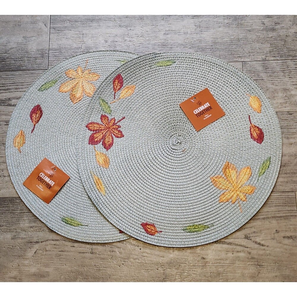 NEW 2 Set Celebrate Together Gray Embroider Fall Leaves Woven 15" Round Placemat